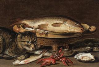 A still life with fish in a ceramic Collander, oysters, langoustines, mackerel and cat on the ledge