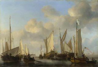 两艘驳船靠岸时，一艘荷兰游艇被许多小船包围，向他们致敬