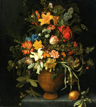 A Floral Still Life with Yellow and White Lilies, an Iris, a Sunflower, a Narcissus, etc.