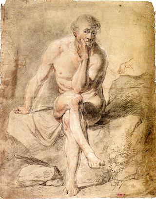 Male Nude Seated Cross-Legged on Rocks, with Chin in His Hand