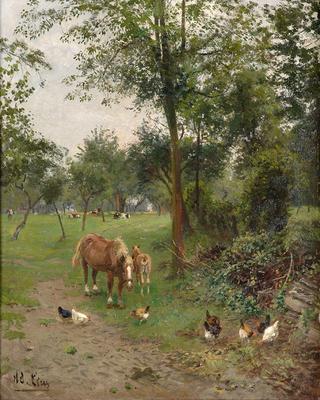 Summer Landscape with Grazing Mare and Foal