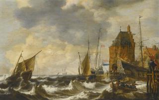 Dutch vessels and a rowing boat on choppy waters by a small harbour town