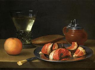 Still Life with Glass of Red Wine, Orange and Ham