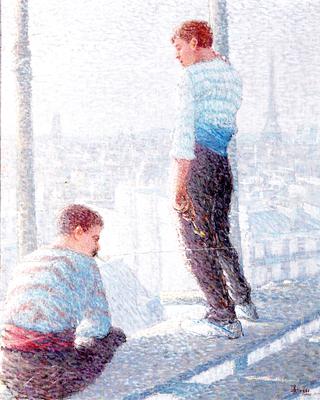 Two Construction Workers overlooking Paris with the Eiffel Tower in the Distance