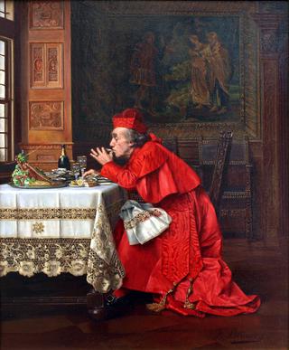 Cardinal eating oysters and drinking champagne