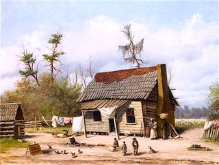 Cabin Scene with Children, Animals and Cotton Field