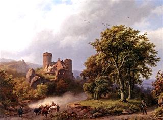 Figures and Cattle on a Path in a Wooded Landscape with a Castle Ruin beyond