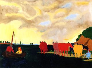 Five Cows with Blue Nude