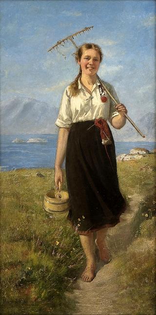 Girl with rake and wooden box