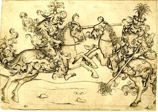 Combat of two wild men on horseback