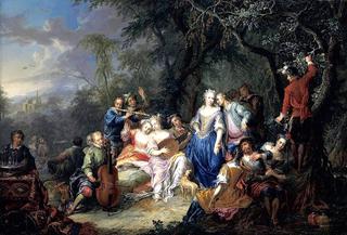 Elegant Company with Figures Playing Musical Instruments