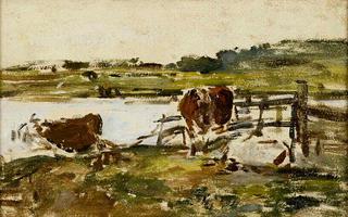 两头奶牛在一个池塘附近的栅栏
