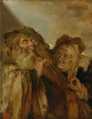 A blind man playing a flute and a peasant woman playing a hurdy-gurdy