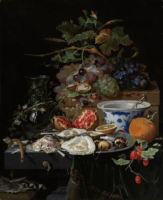 Still life with fruit, oysters and a porcelain bowl