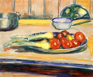 Still LIfe with Tomatoes, Leek and Casseroles