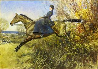 A Lady on a Hunter Jumping a Hedge