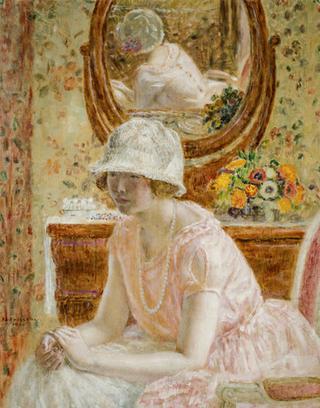 Young Girl before a Mirror in a Pink Dress