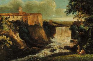 Countryside Scene with Buildings and a Waterfall