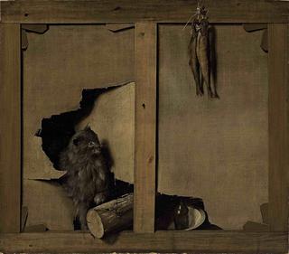 A trompe-l'oeil with a cat and a wooden log through a canvas, fish hanging from the stretcher