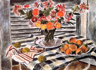 Flowers and Peaches in front of a Grey Jalousie