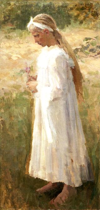 Girl in White Holding a Flower