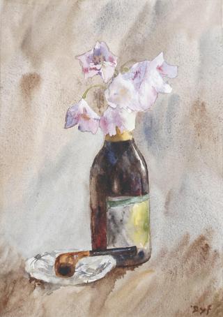 Sweet peas in a bottle, a pipe resting beside