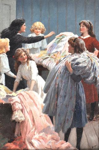 An Interior scene, with young girls playing with a clothes from a trunk