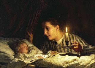 Junge Mutter, bei Kerzenlicht ihr schlafendes Kind betrachtend
