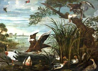 River Scene with Ducks and Geese Being Attacked by Hawks