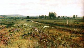 An Extensive Meadow Landscape with Geese by a Stream