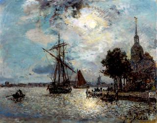 The Port of Dordrecht in the Moonlight