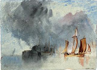 A Chasse-Marrée and Other Vessels under a Cloudy Sky