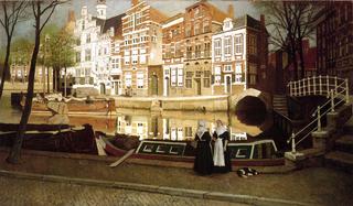 A View in Delfshaven with Women in Custume conversing on a Quay along a Canal