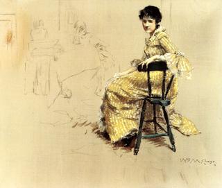 Seated Woman in Yellow Striped Gown