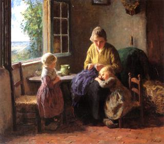 Young Mother and Children in an Interior