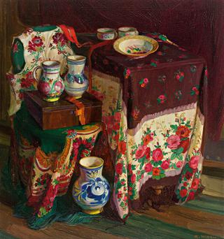 Still Life with Transylvanian Embroidery and Ceramics
