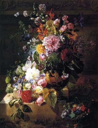 Still Life with Roses, Peonies, Lilac, Morning Glories and other Flowers in a Greek Vase on a Stone Plinth