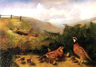 Landscape with Quail - Cock, Hen and Chickens