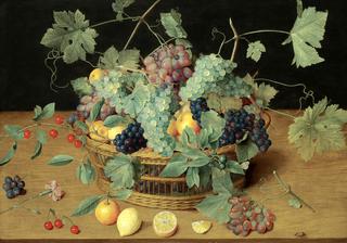 Still life with fruit in a basket, including bunches of grapes and lemons, cherries and oranges