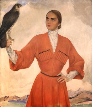 An Elegant Lady Dressed as a Cossack and Holding a Hunting Falcon