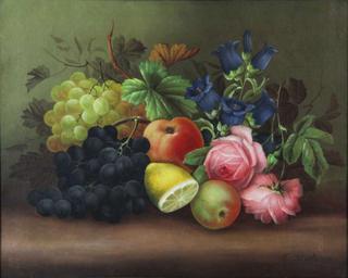 Still-life of grapes with vines, half a lemon, an apple, a peach, pink roses and bluebells