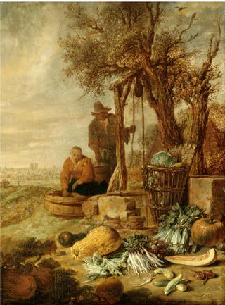 A Peasant Couple by a Well with a Distant View of Paris