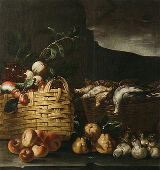 Still Life with Basket of Fruit, Birds and Mushrooms in a Landscape