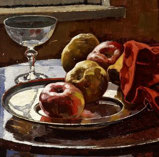 Still life with apples and glass