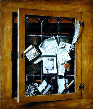 A Trompe l'oeil of an Open Glazed Cupboard Door