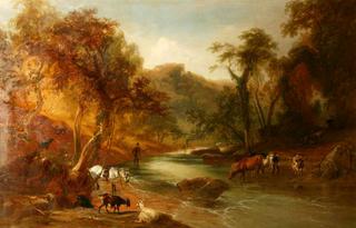 Cattle Crossing a Stream and a Man Fishing