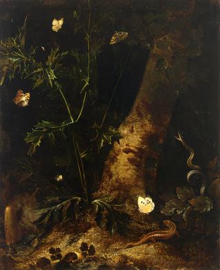 A Forest Floor Still Life with a Salamander, Snake and Various Butterflies around a Thistle