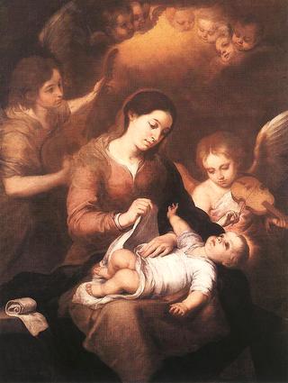 玛丽和孩子与天使演奏音乐