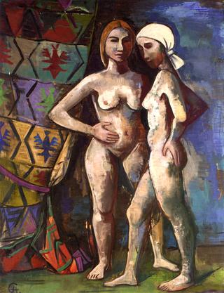 Two Girls in front of a Curtain