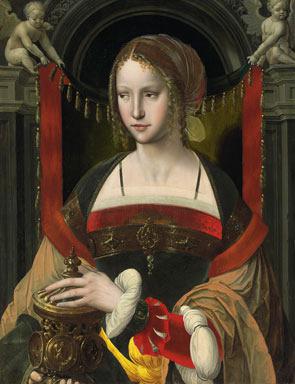 Mary Magdalene before a curtain supported by angels in an architectural niche,